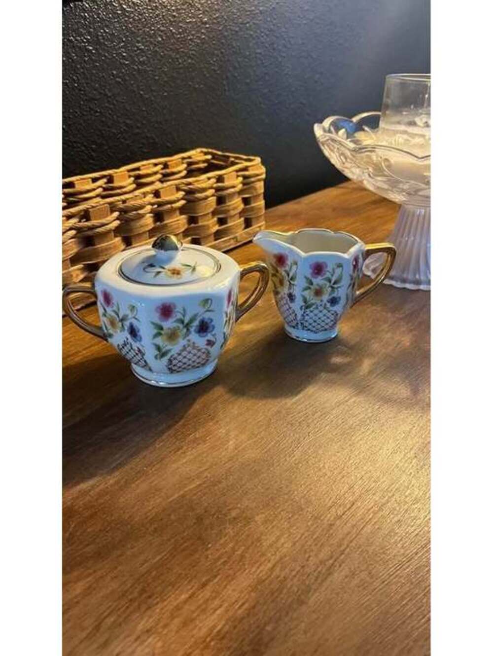 Vintage Floral Porcelain Sugar Bowl and Creamer Set with Gold Trim